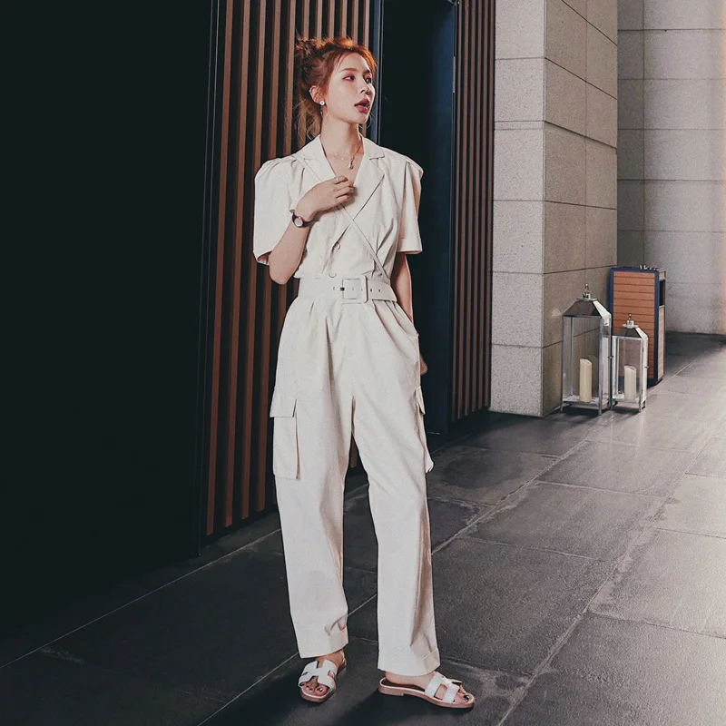 С отложным воротником в стиле ретро талии Комбинезоны прямого силуэта Для женщин