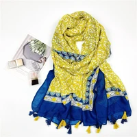 2021 spain fashion women viscose scarf lovely yellow floral tassel hijab shawls and wraps female foulards echarpe muslim sjaal