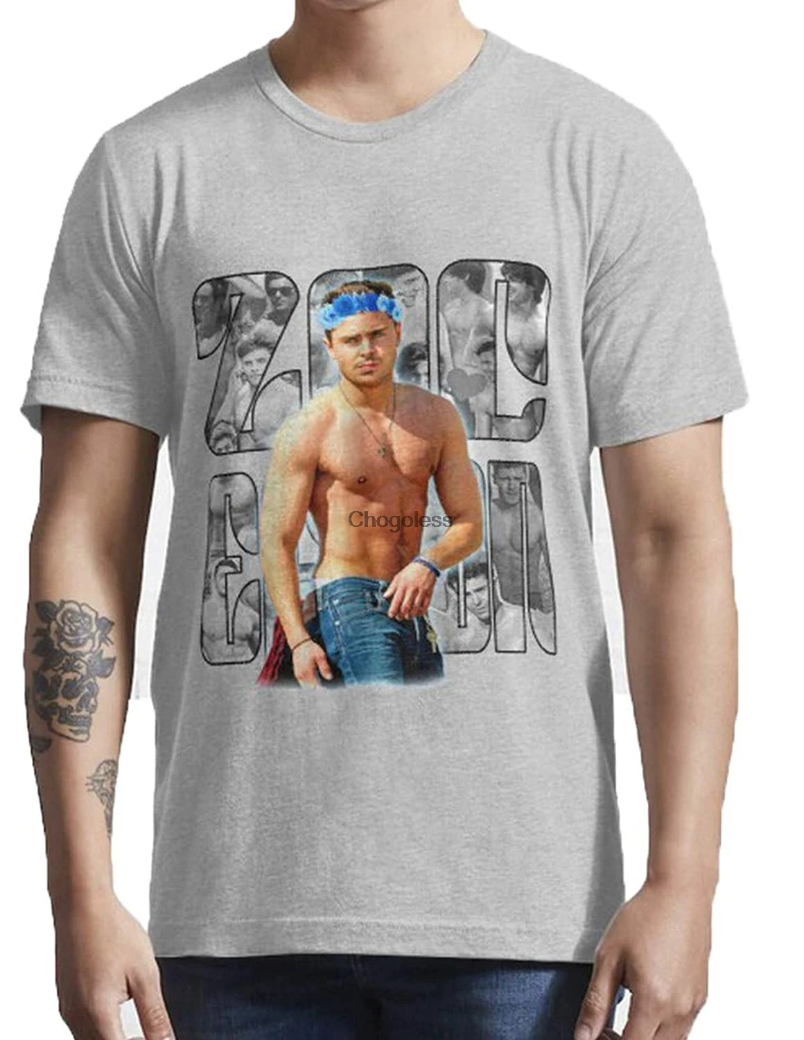 Бежевая и синяя приталенная футболка Zac EfRon забавная с коротким рукавом для