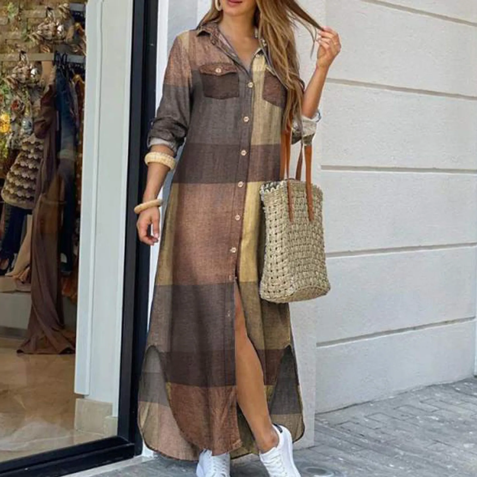 

2021 Denim Long Shirt Dress Women Pocket Button Print Long Dress Long Sleeve Shirts Dress Loose Casual Maxi Dresses Vestidos