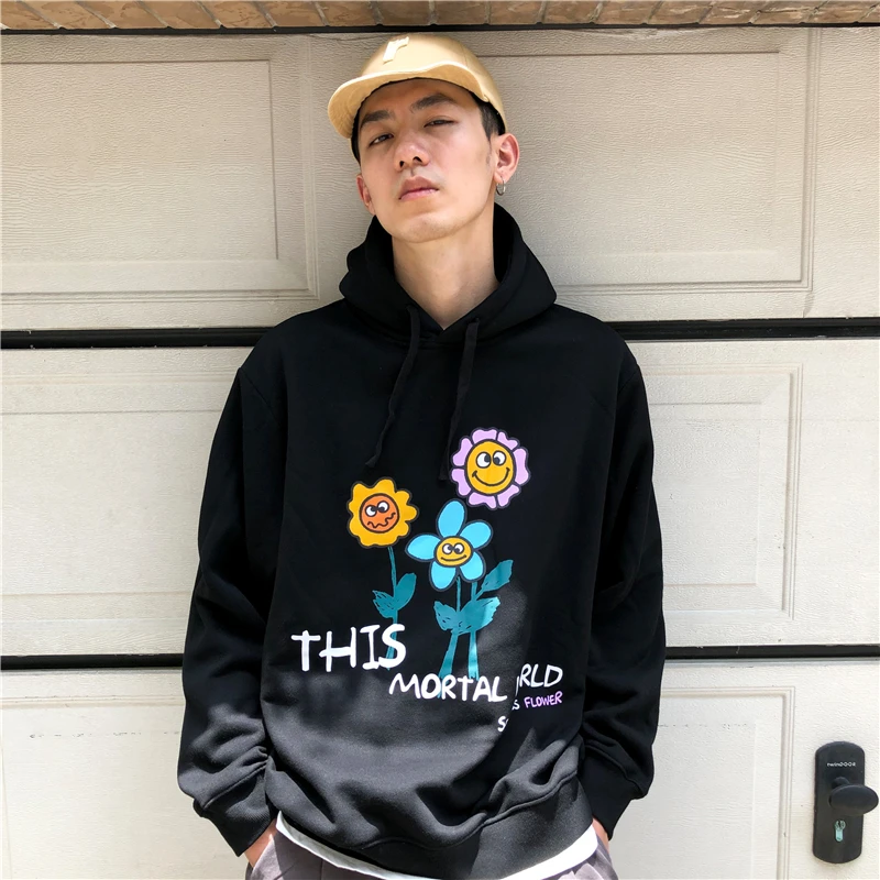 

ELKMU Harajuku Daisy Flowers Print Fleece Hoodies Sweatshirts Streetwear 2020 Men Hip Hop Casual Pullover Hooded Tops WE019