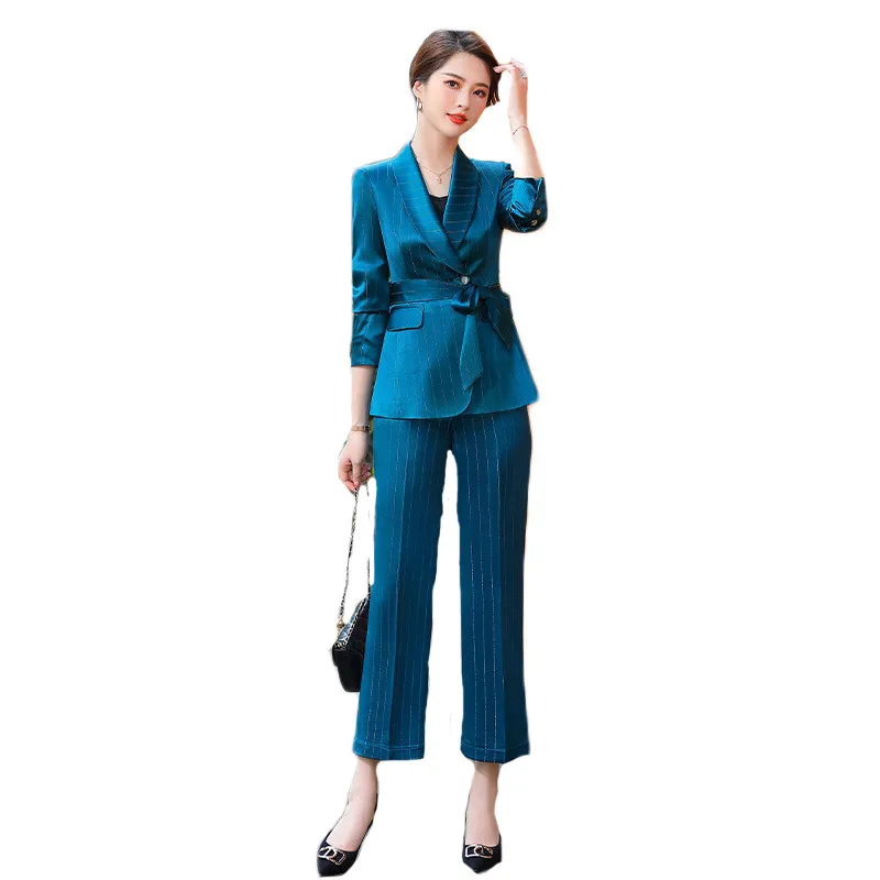 

Satin Business Blazer Suit Women Autumn Winter New Fashion Temperament Striped Outer Wear Lace-up Slim Top And Long Pant JD1702