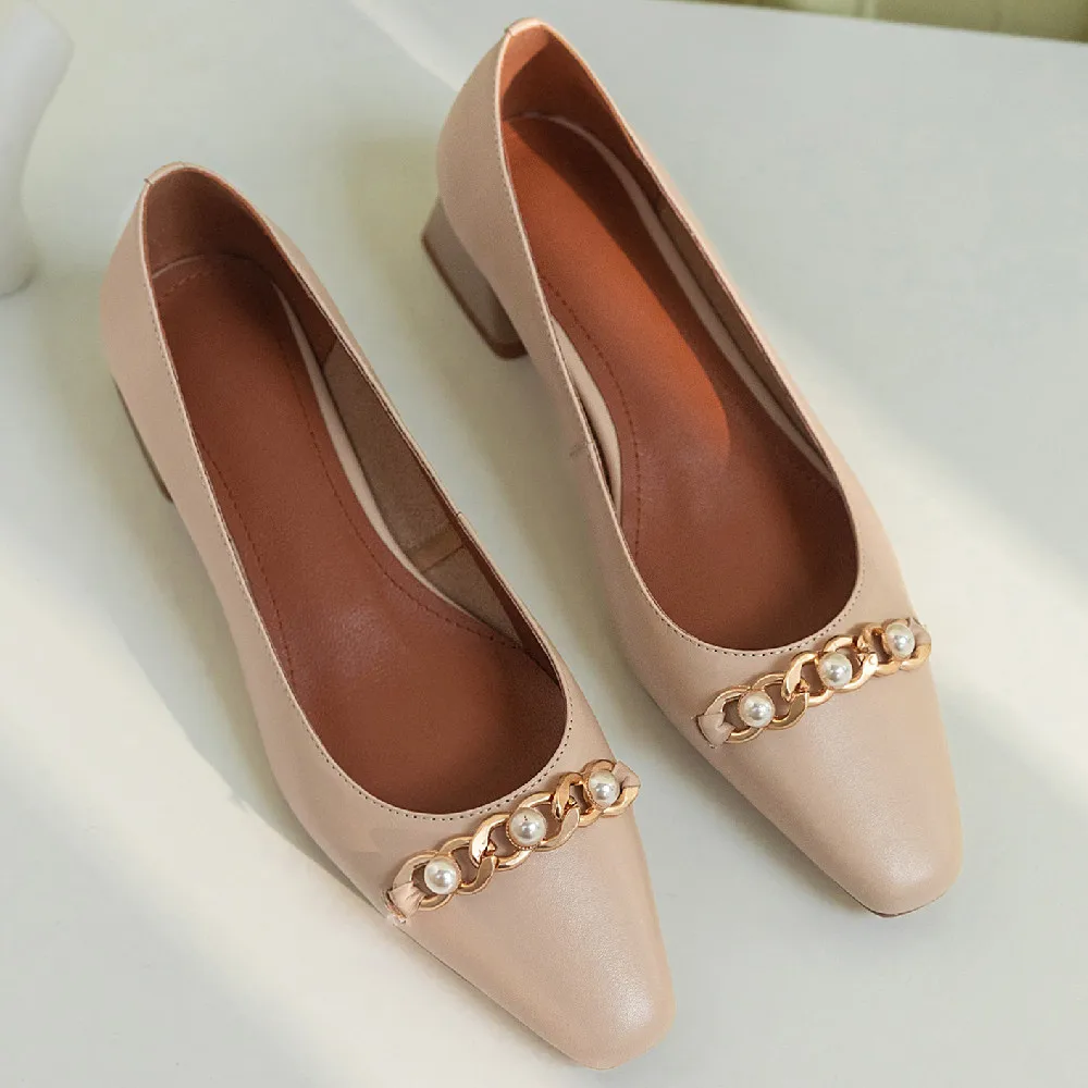 

Women's genuine leather pointed toe slip-on thick low heel spring new casual pumps beading chain decoration daily shoes women