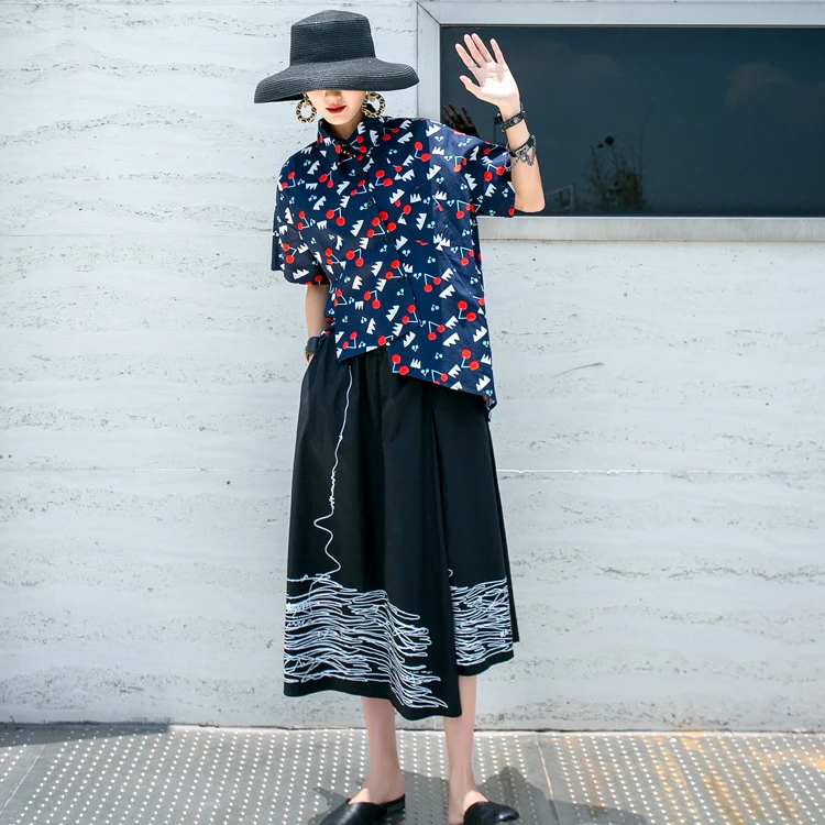QING Mo женский модный комплект 2020 Женская Асимметричная рубашка с принтом + юбка до