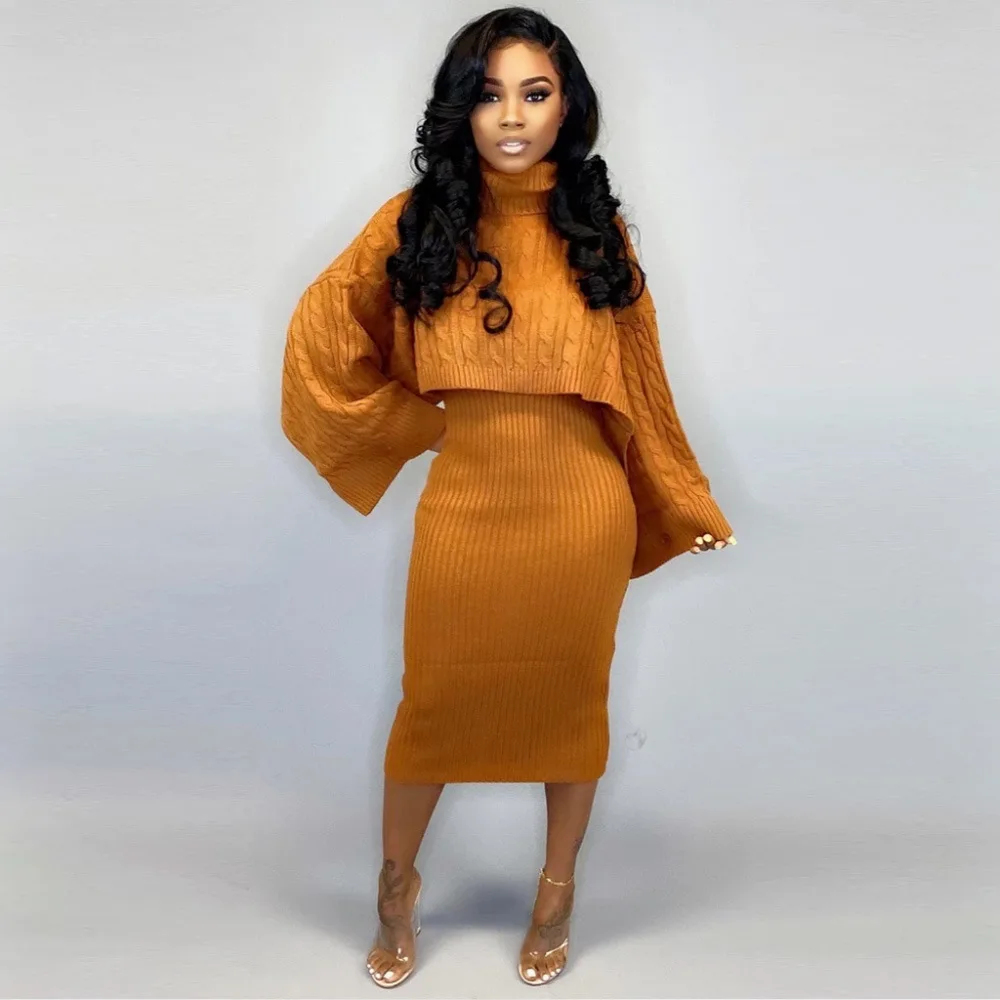 Autumn Winter Knitted Sweater Two Piece Set Turtleneck Long Sleeve Loose Crop Top+ Bandage Midi Tank Dress Plus Size Tracksuit