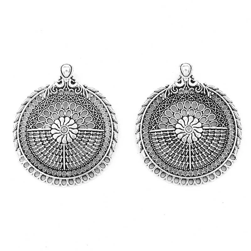 

6Pcs Tibetan Silver Round Boho Ethnic Floral Flower Charms Pendant For DIY Necklace Jewelry Making Findings