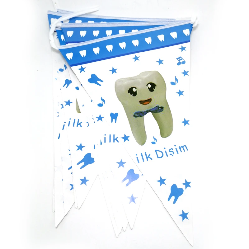 1set/pack Blue Pink First Tooth Hanging Banner Bunting Decorate Baby Teeth Party Paper Flags Boys Girls Kids Favors Pennants | Дом и сад