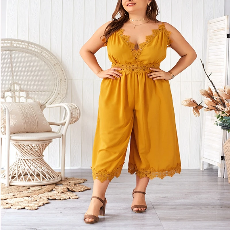 New large size sling jumpsuit 3XL-7XL bust 132CM fashion large size women's sling lace stitching zipper jumpsuit