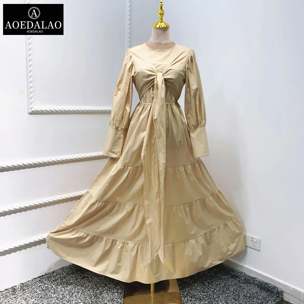 

Puff Sleeves Maxi Dress for Women Spring 2021 New Solid O Neck Bandage Multiple Wear Duabi Muslim Turkey Arabic Clothes