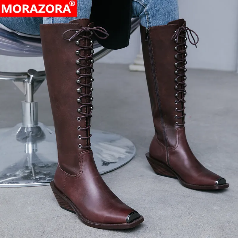 Женские винтажные сапоги на танкетке MORAZORA черные до колена из натуральной кожи с