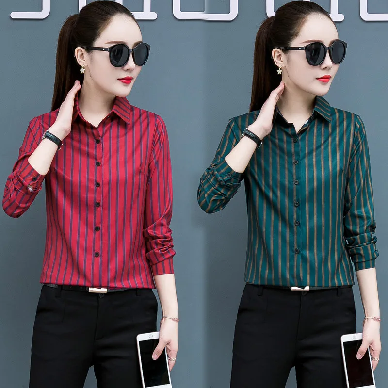 

Striped Button Up Shirt Women Blue Basic Chiffon Blouse Long Sleeve Single Breasted Turn-down Collar Office Work Blouse Oversize