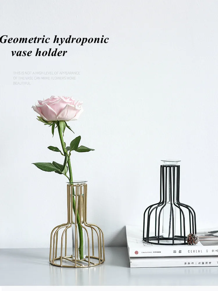 Black Lines Minimalist Abstract Iron Vase Geometric Hydroponic Vase Rack Home Decor Vase Abstract Glass Terrarium Gold Vase