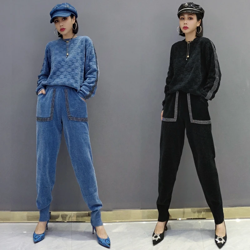 

Женский трикотажный костюм из двух предметов, блузка с круглым вырезом и однотонные брюки со стразами, весна-осень 2021