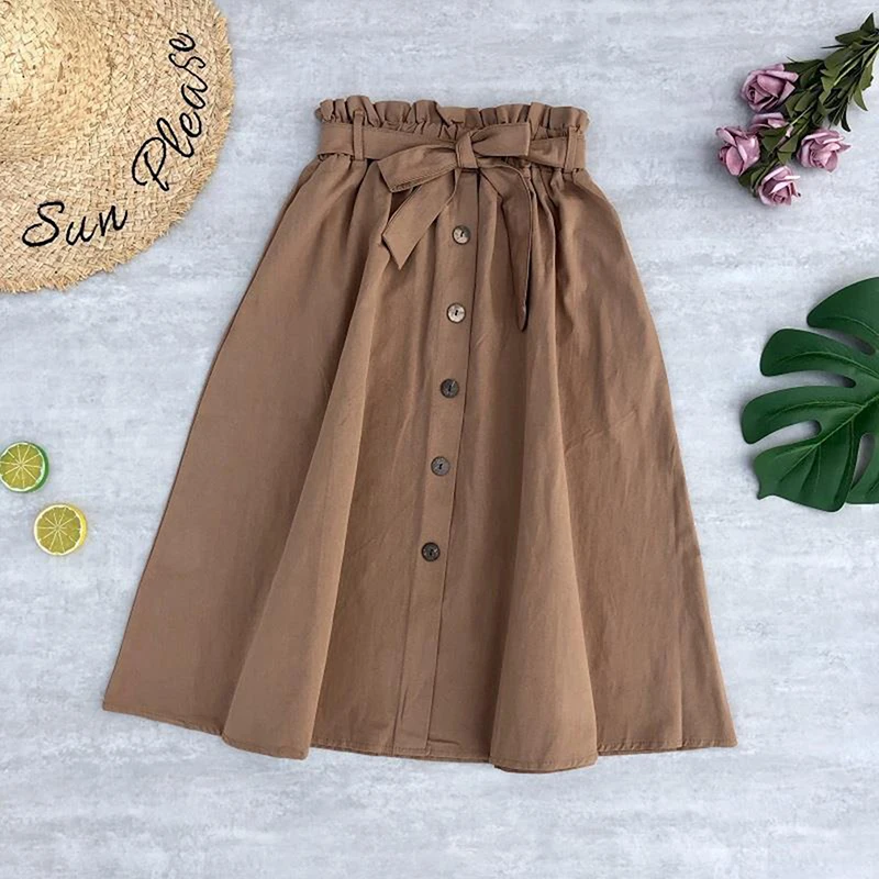 

Autumn Elegant Skirts Womens Elastic Waist Buttons Bow Stretched Skirt With Pocket Female Solid Color Skirt
