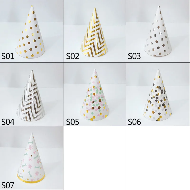 

10pcs Bronzing Birthday Hat with Rope Kids Child Party Crown Decoration Gold Silver Striped Conical Hat Paper Cap Party Supplies