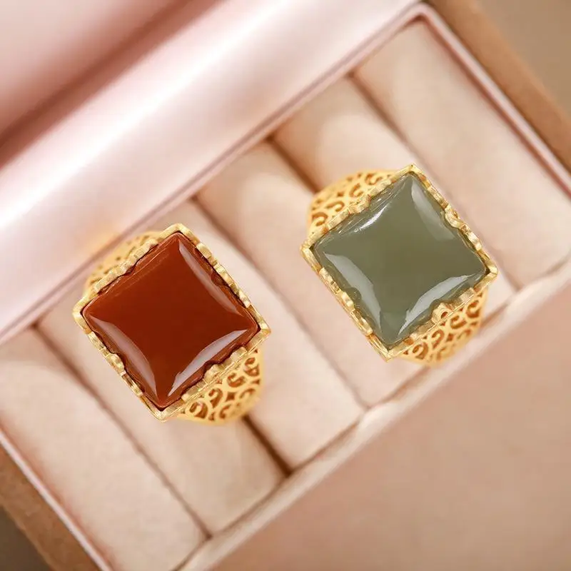 

Hetian Jade Gray Jade Southern Red Agate Sterling Silver Inlaid Retro Square Ring Simple Magnificent Open End Ring Adjustable