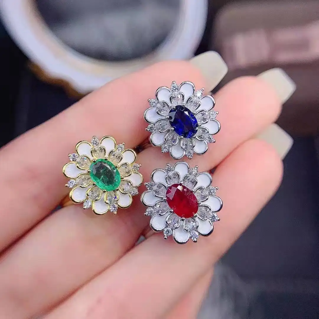 

Emerald/Sapphire/Ruby/Opal Flower Ring S925 Sterling Silver Natural Gem Fashion Fine Women's Weddings Jewelry MeiBaPJ FS