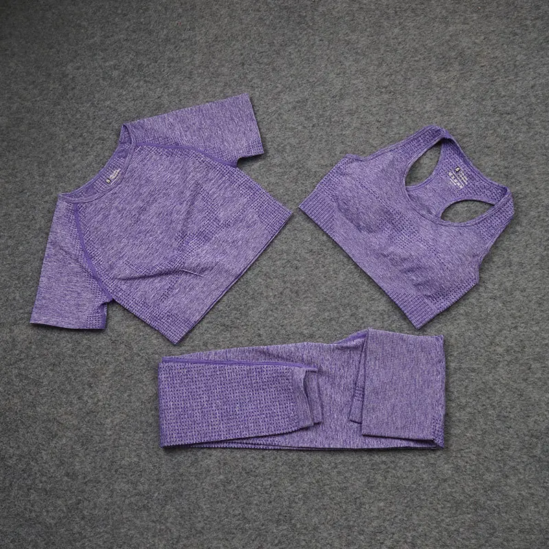 

3 Piece Set Gym Seamless Yoga Set Fitness Sport Suits Gym Set Clothing Crop Top Shirts Bra High Waist Running Fitness Leggings