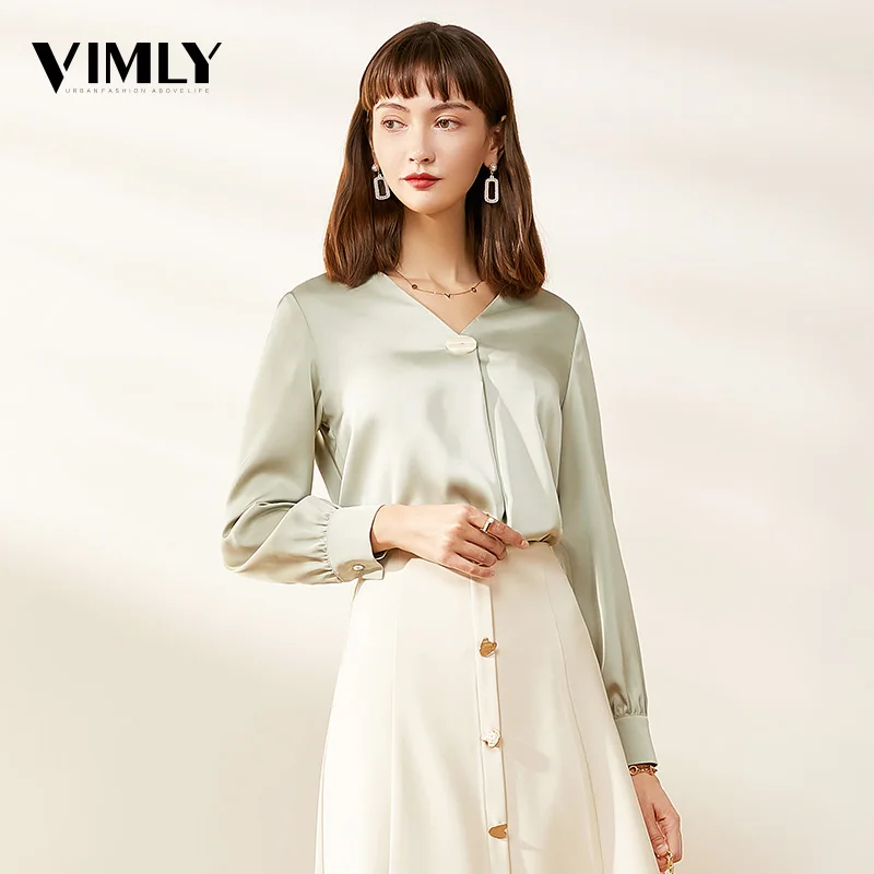 Vimly Офисная Женская Элегантная атласная блузка с v образным вырезом рубашка весна
