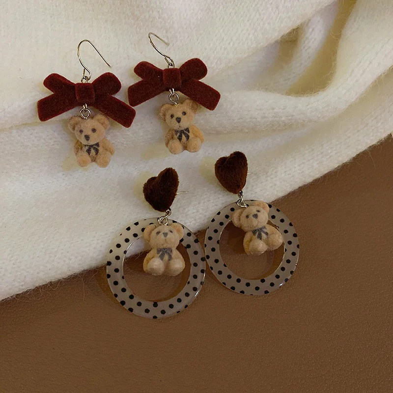 

LOVOACC Romantic 2 Designs Cartoon Bear Pendant Earrings for Women Girls Red Bowknot Love Heart Dangle Earrings Accessories