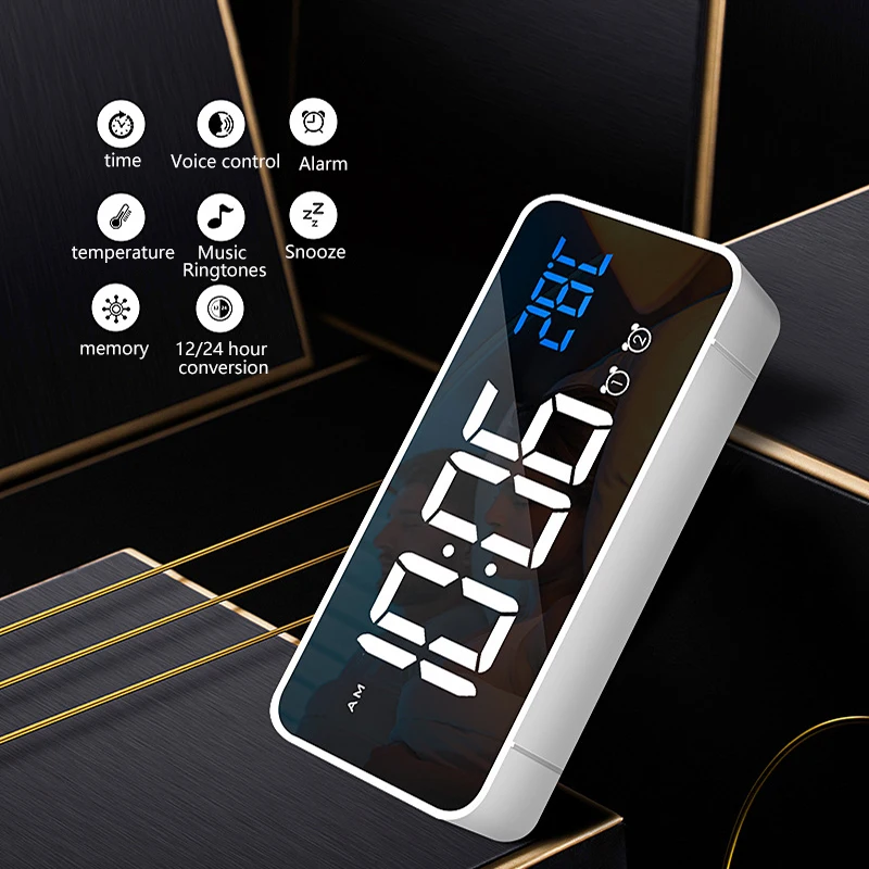 

LED Mirror Alarm Clock Voice Control Digital Snooze Table Clock Wake Light Electronic Temperature Display Home Decoration Clock