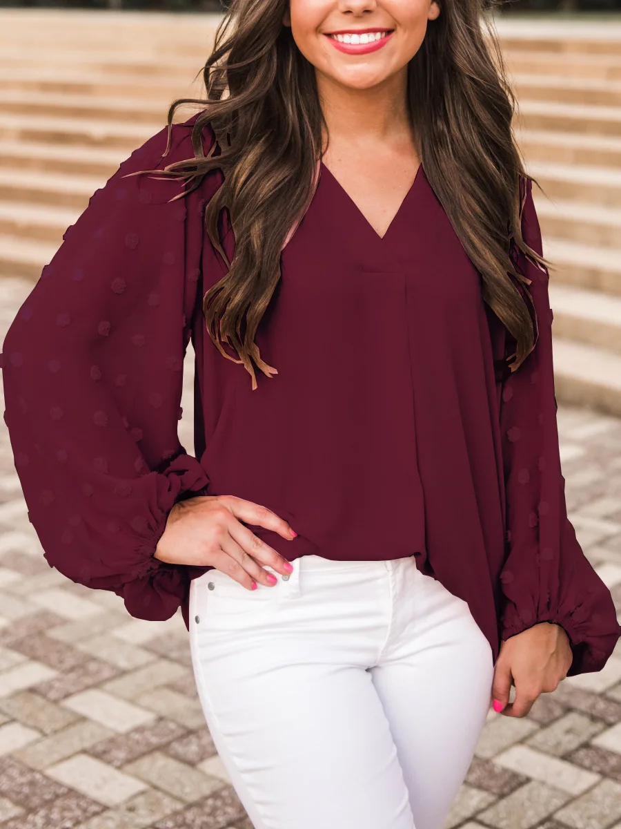 

Donsignet Women's Blouse New Fashion V-neck Pullover Pure Color Lantern Sleeve Casual Long Sleeve Blouse Regular Plus Size