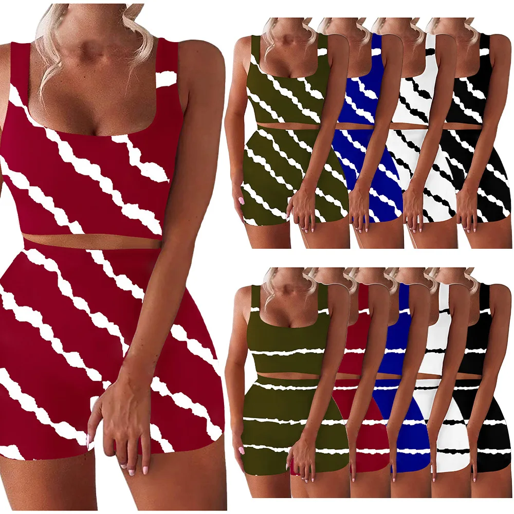 

Summer New Fashion Sexy Striped Printed Tank Top Shorts Hang Strip Sleeveless Suit Home Yoga