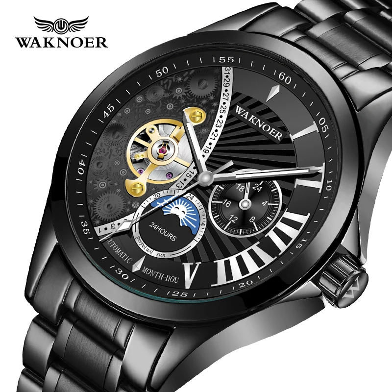 

Модные мужские часы WAKNOER, роскошные металлические стальные автоматические механические часы-скелетоны с большим циферблатом Луны, деловые ...