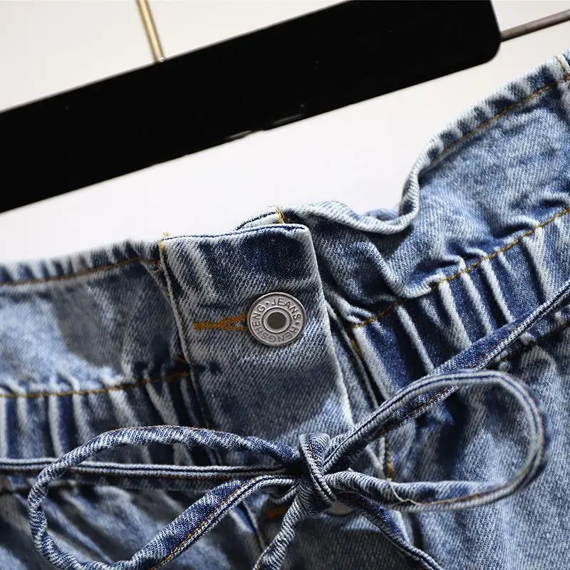 5xl 6xl big size women's jeans elastic waist Harem pants loose lace-up high waist denim pants plus size women trouser fall