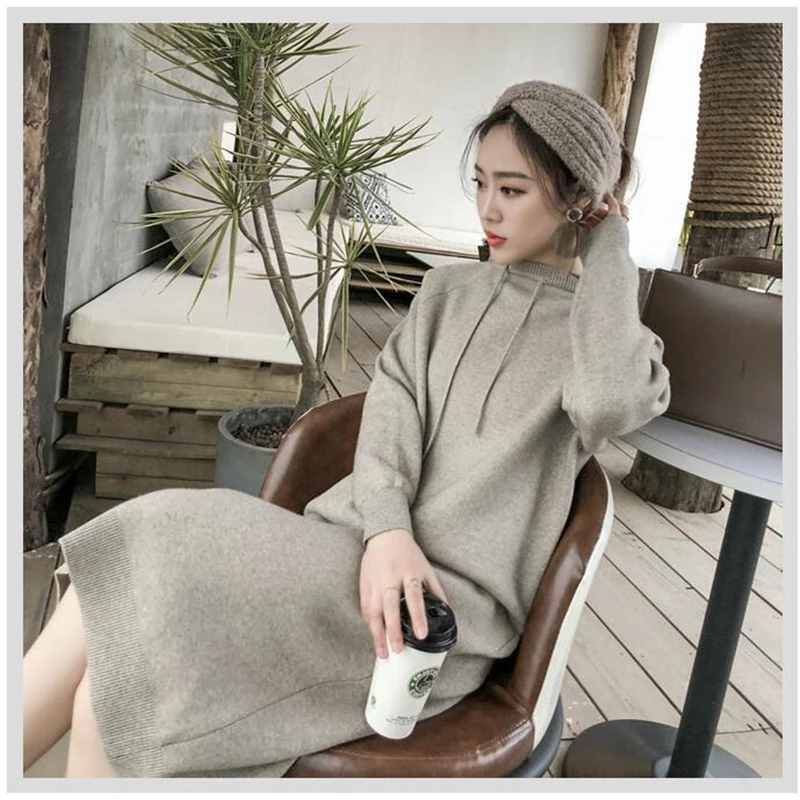 

Long Straight Maxi Hoodies Dress Autumn Winter Women Sweater Dress Casual Loose Knit Midi Dress Pull Vestidos Z338