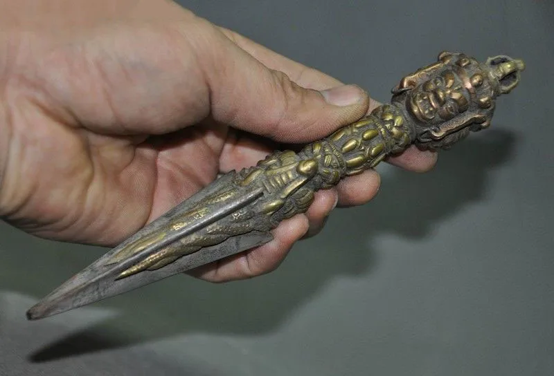 

wedding decoration Tibetan Buddhism bronze Mahakala Elephant head statue Dorje Vajra phurpa Dagger