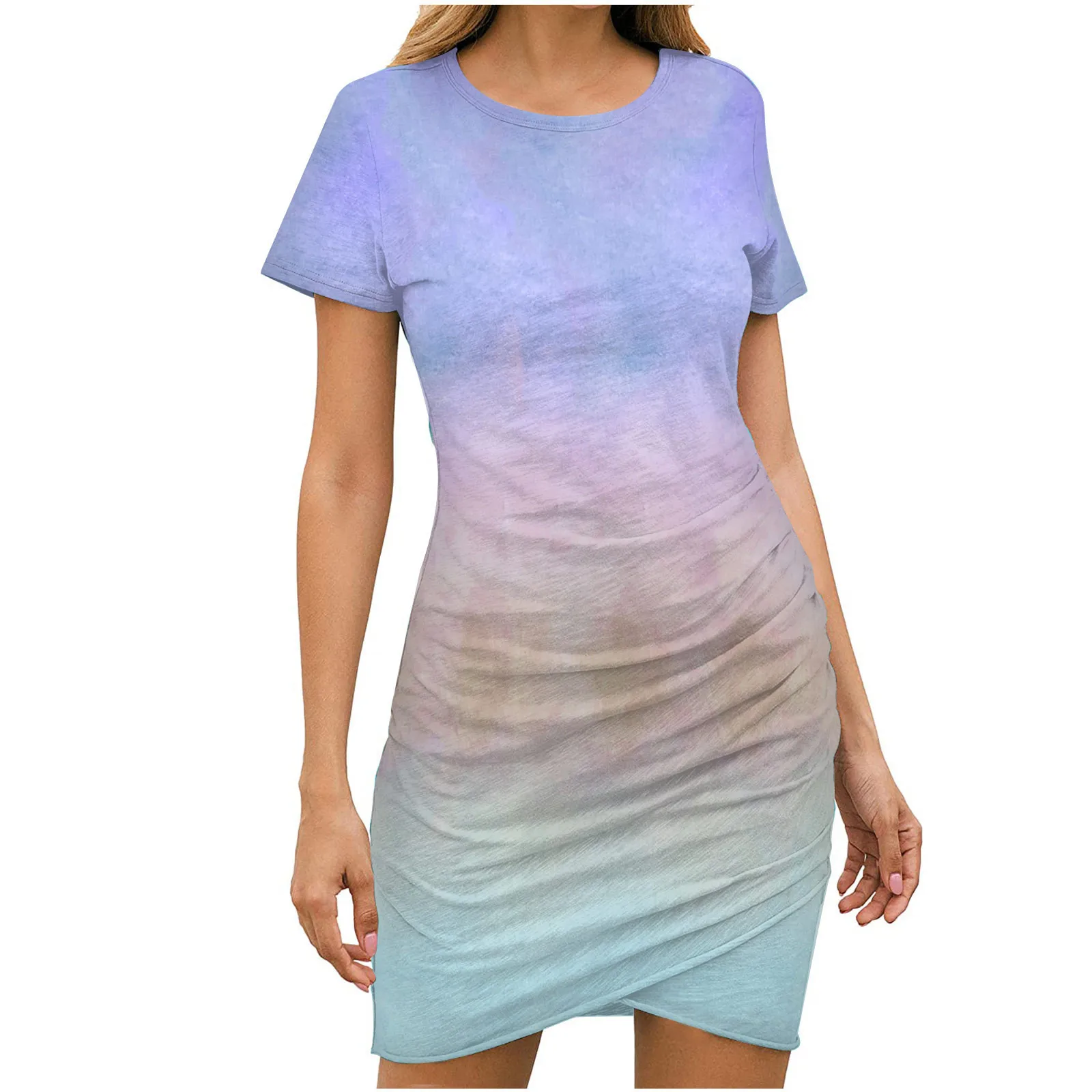 

Tie Dyeing Print O-neck Summer Dress 2021 Fashion Women Short Sleeve Bodycon Slim Wrap Hip Mini Pencil Dresses Vestidos