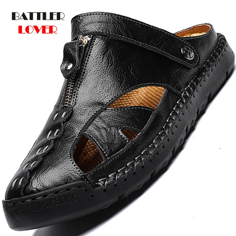

Genuine Cow Leather Flats Slipper for Men 2021 Summer Hollow Sandals Soft Breathable Beach Shoes Male Rome Flip Flops Footwear