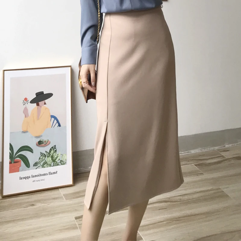 

Abrini Women Office Lady Skirts Solid A-line High Waist Female Skirts Elegant Split Midi Skirts Plain Skirts 2021 Summer