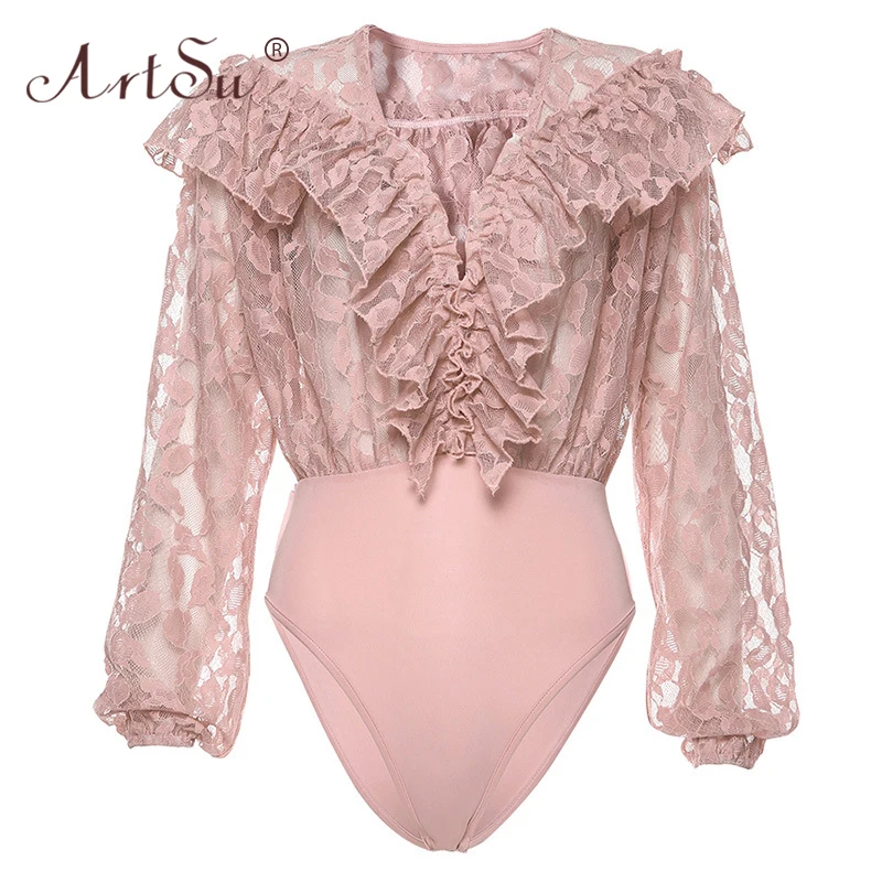 Женское Кружевное боди с длинным рукавом ArtSu элегантное розовое вечернее V