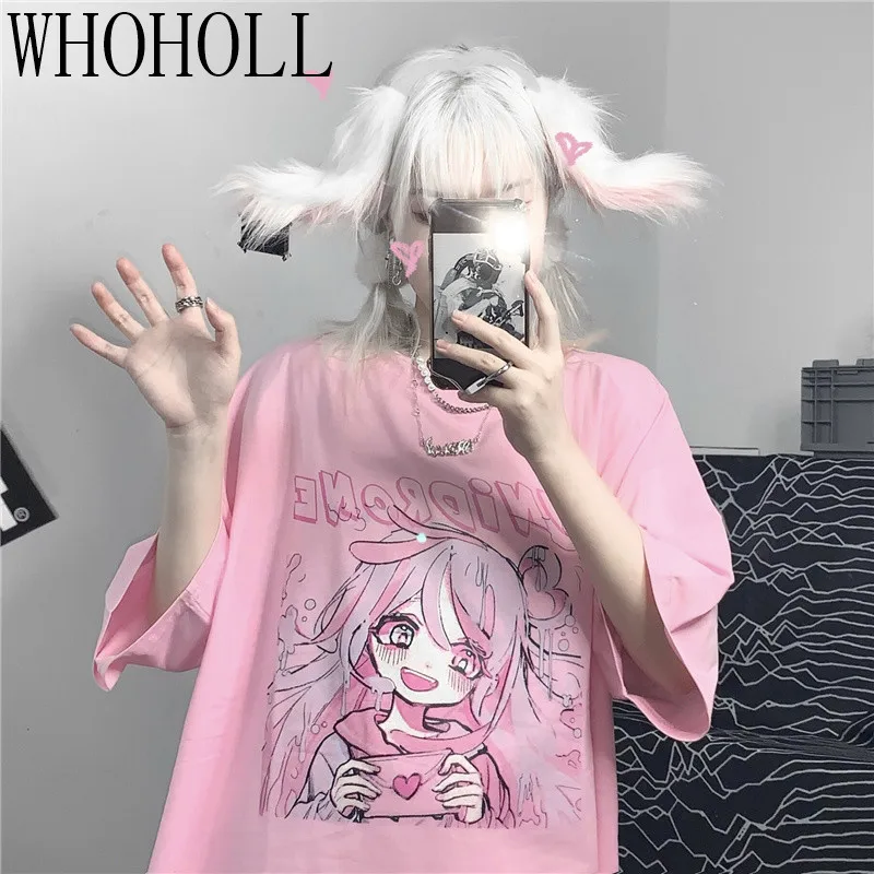 

WHOHOLL Harajuku T-shirt Female 2021 Summer New Pink Cute Loli Girl T-shirts Short Sleeve Anime Cartoon Loose Women Top