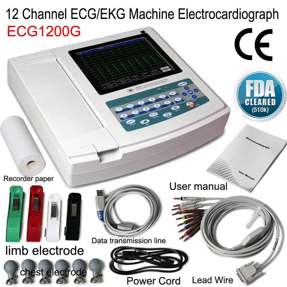 

ECG1200G ECG Machine Digital Elektrokardiograph 12 Channel 12 Lead Waveform EKG Monitor with PC Software Thermal Printing System