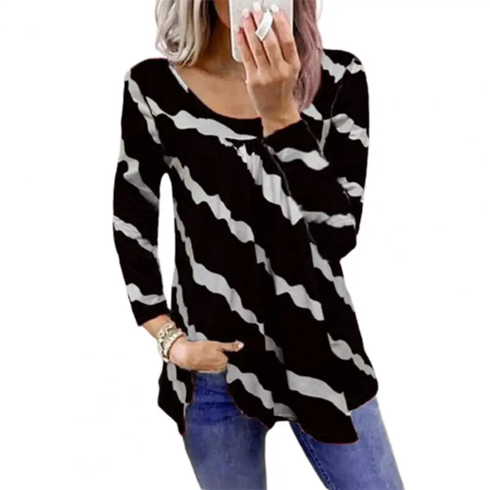 

New Stylish Pullover Women Kibg Sleeve Blouse Irregular Hem Striped Print Straight T-Shirt Tops Harajuku Streetwear