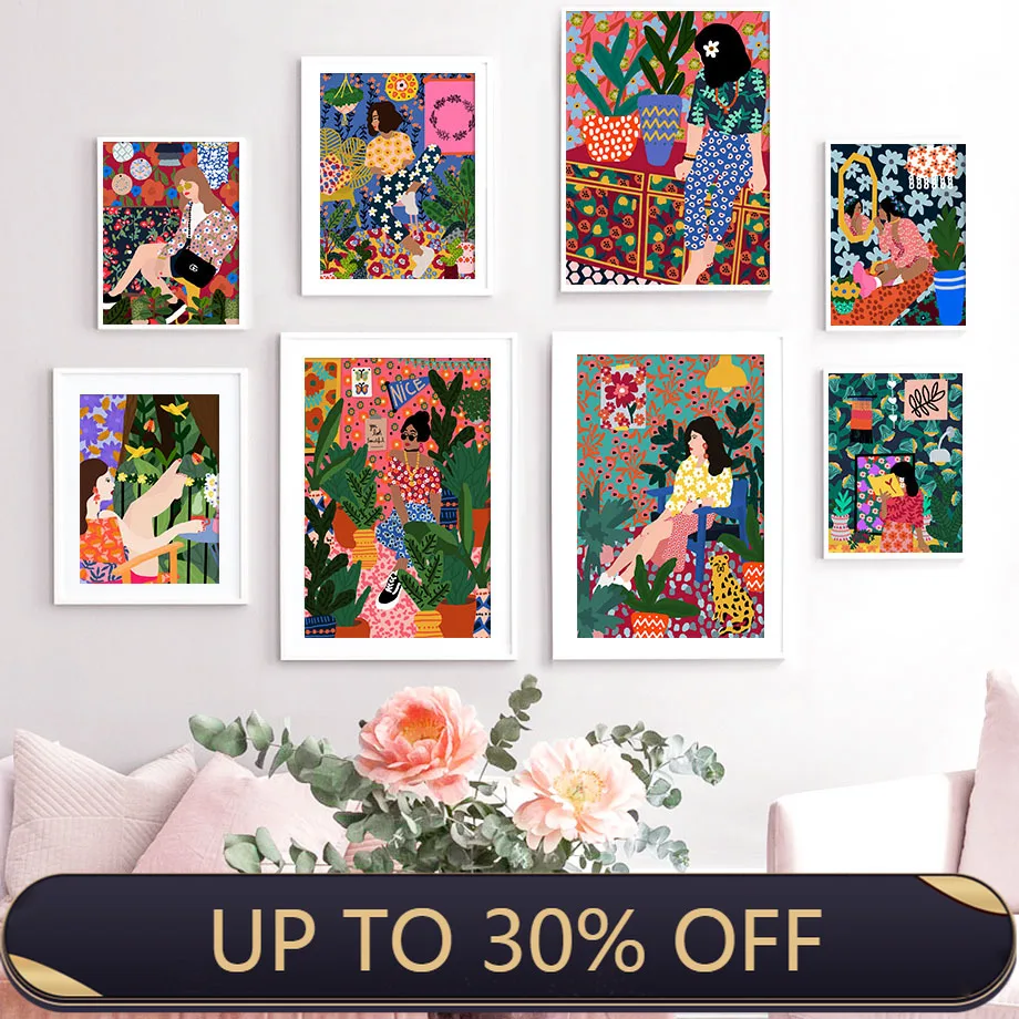 Абстрактная Мода винтажная девушка растение собака настенная Картина на холсте