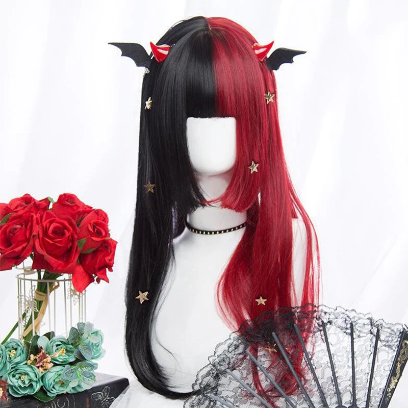 

Парики из длинных прямых волос, красный, черный, розовый, черный, желтый, черный цвет, парики из бесклеевых волокон, синтетические передние п...