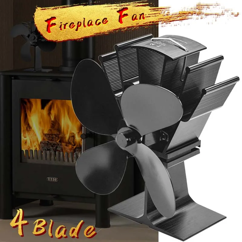 

Black Fireplace 4 Blade Heat Powered Stove Fan komin Log Wood Burner Eco Friendly Quiet Fan Home Efficient Heat Distribution