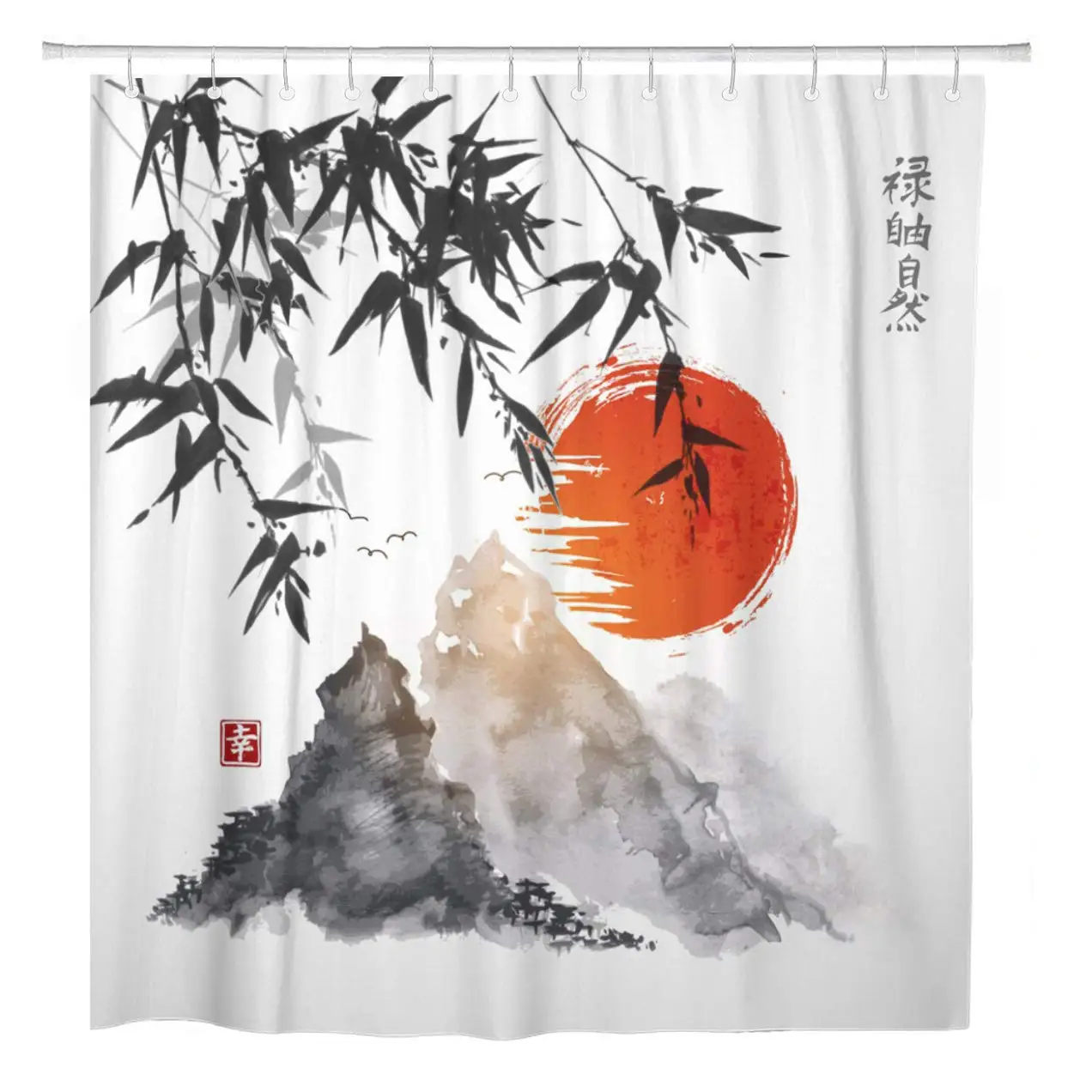 

Bamboo Trees Red Sun and Mountains Traditional Japanese Ink Home Bathroom Decor