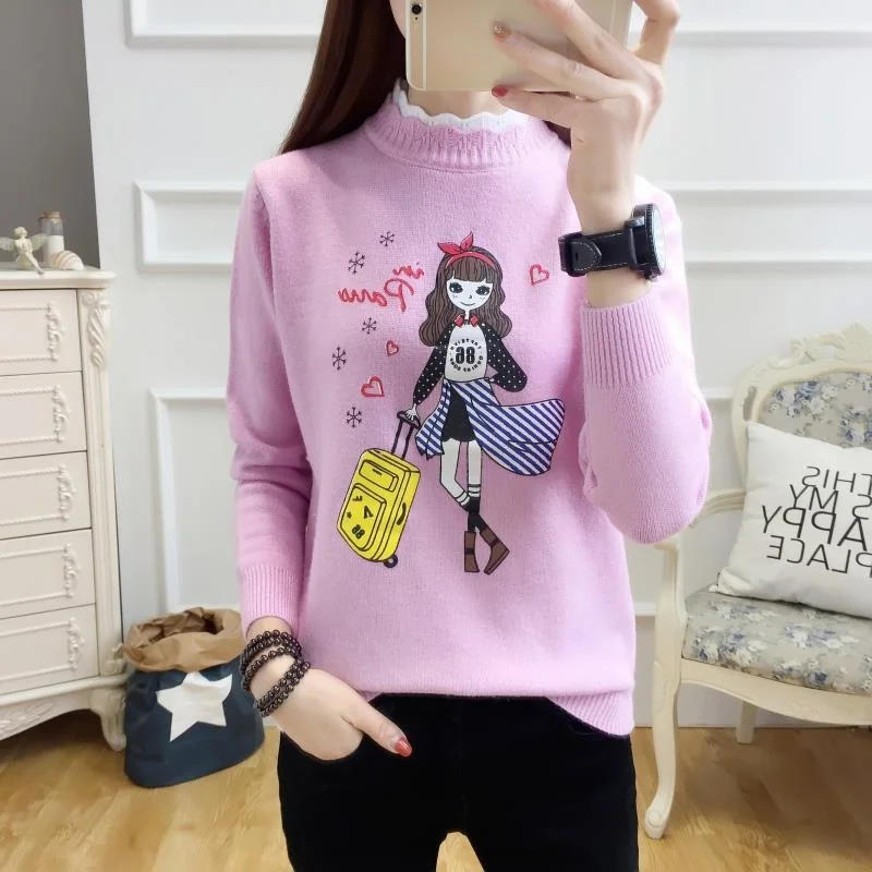 

Japanese Kawaii Cartoon Women Pullovers Korean Streetwear Sweater Vintage Half Turtleneck Long Sleeve Jumpers Femme