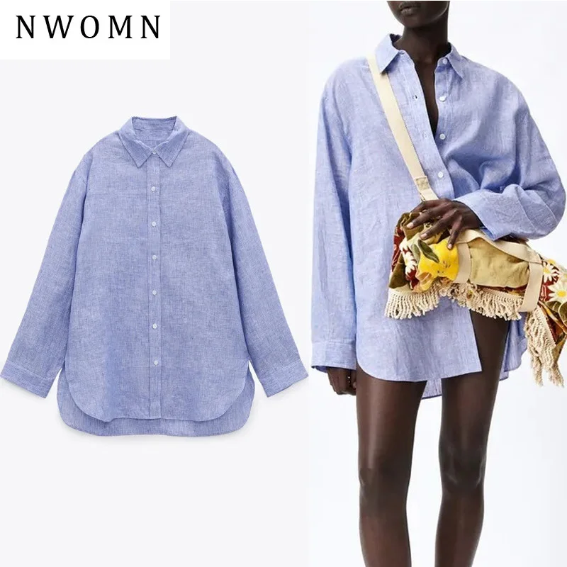 

NWOMN Za 2021 Oversized Shirt Women Blue Striped Long Shirt Woman Collared Long Sleeve Button Up White Shirt Summer Blouse