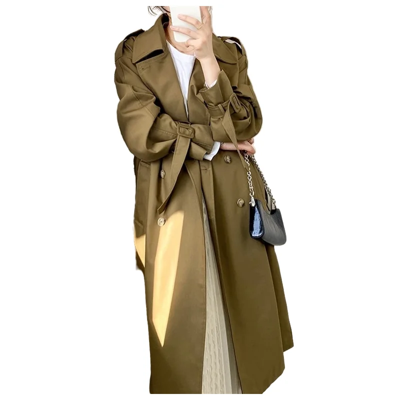 Women's Windbreaker Double-Breasted Trench Coat  Spring Autumn Lapel Female Medium Style Belt Vintage Outwear Solid Coat