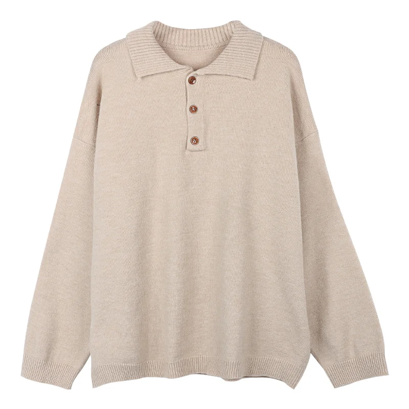 

Korejepo Women Sweater 2021 Spring Autumn Ladies Korean Retro Temperament Loose Casual Lazy Style Outside Wear Lapel Pullover