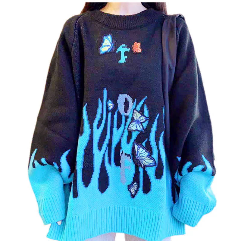 Женский свитер с принтом пламени трикотажный пуловер О-образным вырезом и