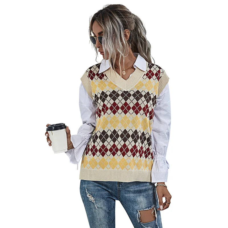 

V-neck Knitted Sweater For Women New Korean Fashion Sleeveless Argyle Sweaters Spring Vest 2021 Outer Wear