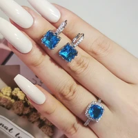 2022 blue silver color bride african dubai jewelry set hoop earrings rings for women female wedding christmas party gift j6716
