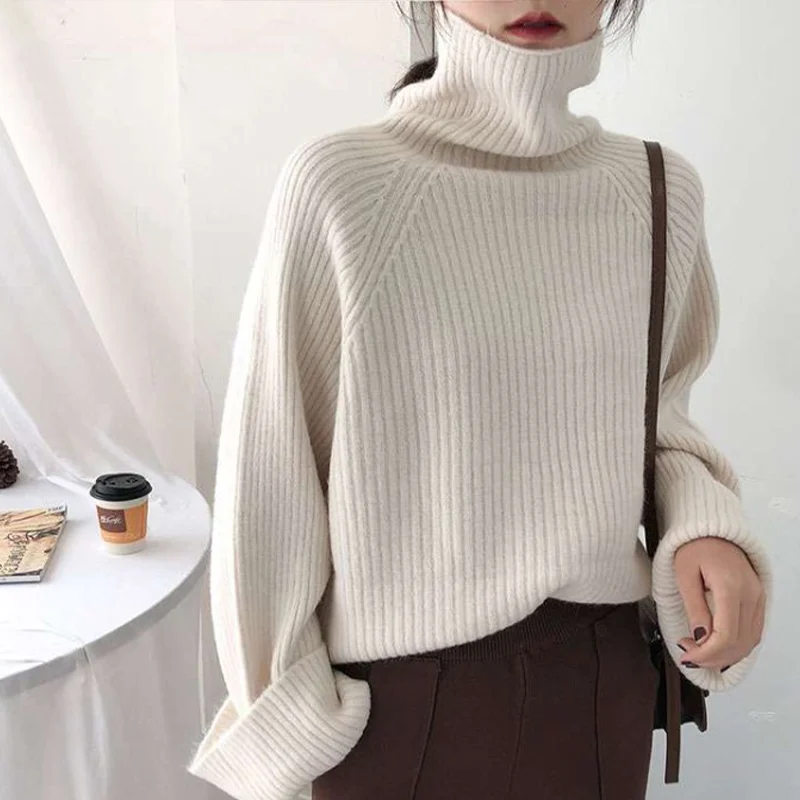 

Autumn Thicken Knitted Turtleneck Women Sweater Batwing Sleeve Female Pullovers Solid Korean Simple Loose All-Match Lady Clothes